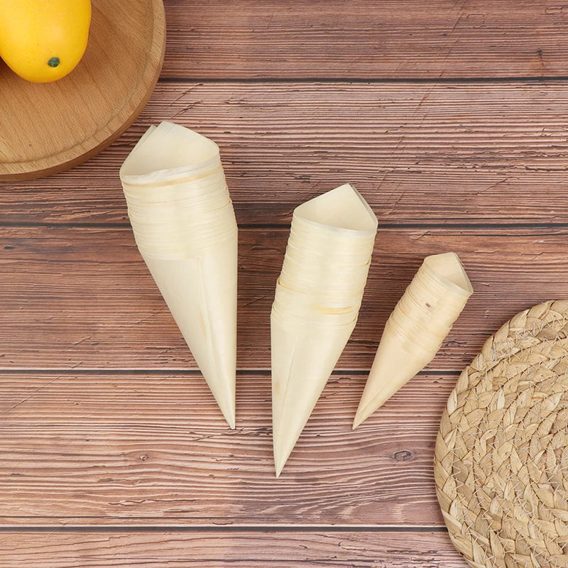 50pcs Cones Candy Boxes Disposable Wood Appetizer Cones Biodegradable Cone Veneer Roll Packaging Container Candy Cup