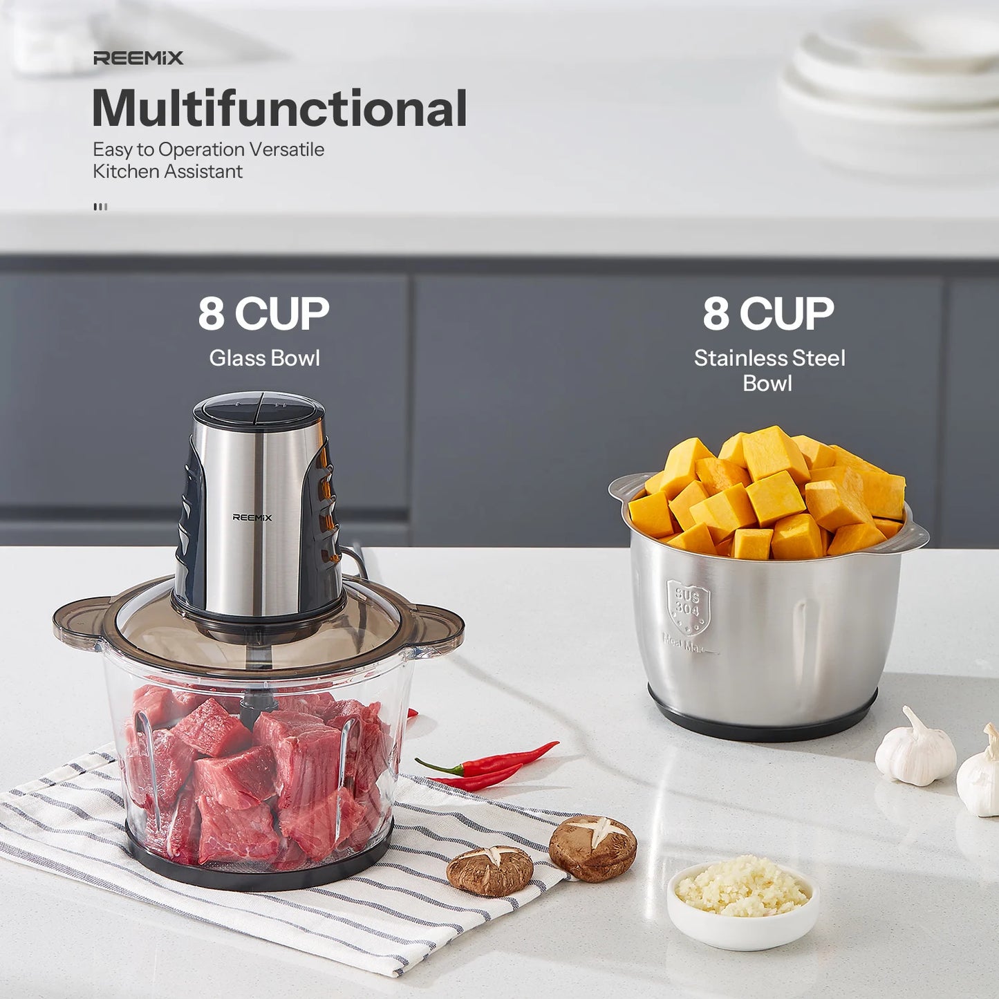 Food Processors with 2 Large Bowls(12 Cup+12 Cup), Reemix Electric Chopper with Powerful 500W Copper Motor
