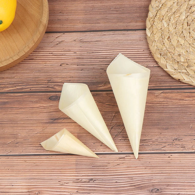 50pcs Cones Candy Boxes Disposable Wood Appetizer Cones Biodegradable Cone Veneer Roll Packaging Container Candy Cup