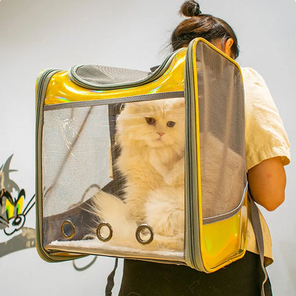 Laser Leather Pet Cat Carrier Backpack - Transparent Window, Breathable, up to 7kg, Gold/Silver