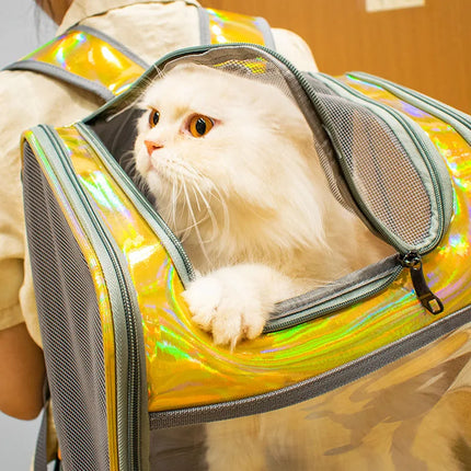 Laser Leather Pet Cat Carrier Backpack - Transparent Window, Breathable, up to 7kg, Gold/Silver
