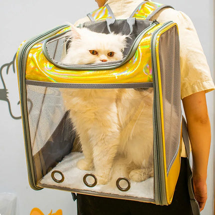 Laser Leather Pet Cat Carrier Backpack - Transparent Window, Breathable, up to 7kg, Gold/Silver