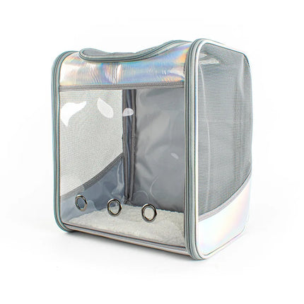 Laser Leather Pet Cat Carrier Backpack - Transparent Window, Breathable, up to 7kg, Gold/Silver