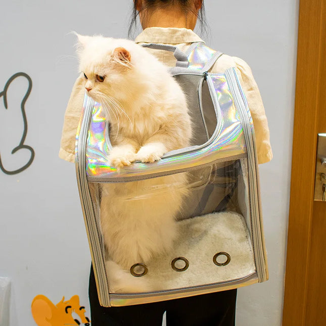 Laser Leather Pet Cat Carrier Backpack - Transparent Window, Breathable, up to 7kg, Gold/Silver