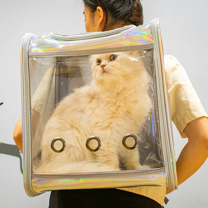 Laser Leather Pet Cat Carrier Backpack - Transparent Window, Breathable, up to 7kg, Gold/Silver
