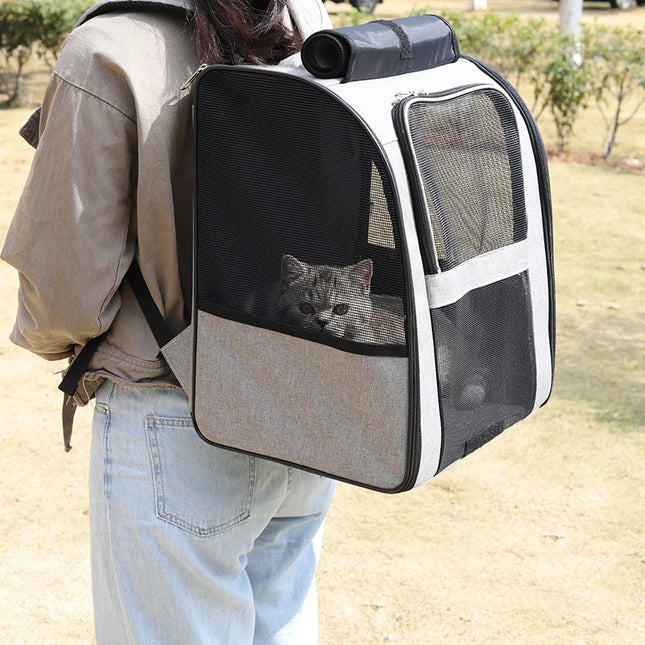 Foldable Oxford Cat Carrier Backpack - S(35x26x33cm) / L(40x26x43cm), Chest Strap, Gray/Purple