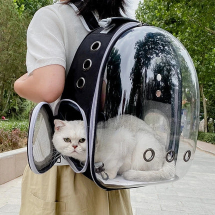 Transparent Space Capsule Pet Backpack - 35x25x42cm, 9 Vents, Side Pocket, Black
