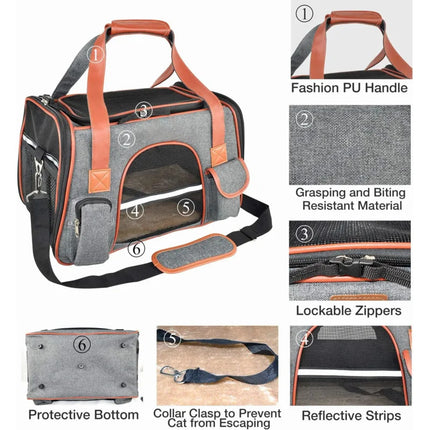 Soft-Sided Airline Approved Pet Carrier - Car Seat Safe, 3 Entrances, Fleece Pad, Deep Grey/Gray