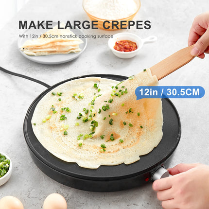 Crepe Maker Machine, Reemix Compact Pancake Griddle Precise Temperature Control, Nonstick 12” Electric Griddle, Batter Spreader