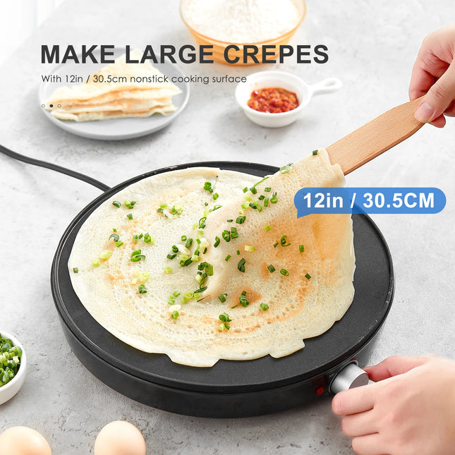 Crepe Maker Machine, Reemix Compact Pancake Griddle Precise Temperature Control, Nonstick 12” Electric Griddle, Batter Spreader