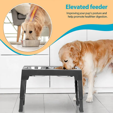 Elevated Dog Feeder with Double Stainless Steel Bowls - Adjustable Raised Stand, Black
