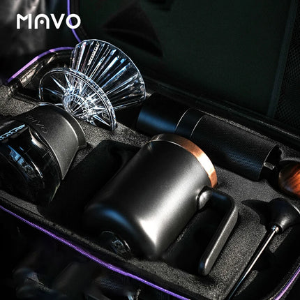 MAVO Pour-Over Coffee Set : Grinder+Dripper+300ml Glass Server+Kettle+Thermometer+Paper Filter Included,Coffee Box Easy To Carry