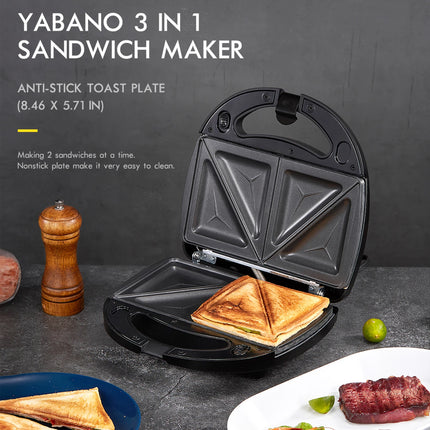 Yabano Sandwich Maker, 3 in 1 Waffle Maker, Toaster and Electric Panini Press Grill with Non-stick Coating Plate, Easy to Clean