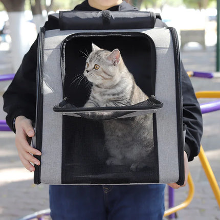 Foldable Oxford Cat Carrier Backpack - S(35x26x33cm) / L(40x26x43cm), Chest Strap, Gray/Purple