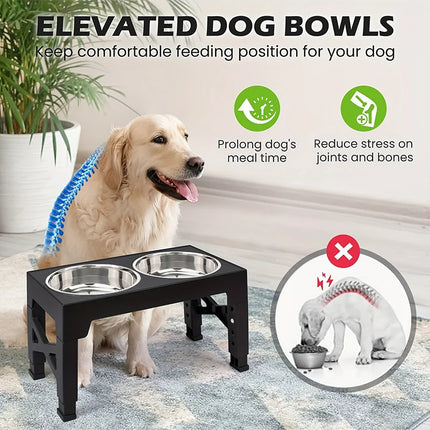 Elevated Dog Feeder with Double Stainless Steel Bowls - Adjustable Raised Stand, Black