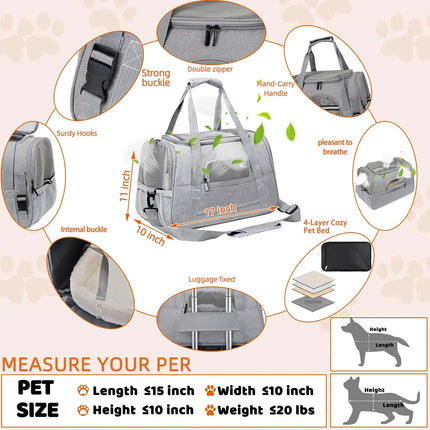 Airline Approved Soft Pet Carrier Bag - up to 20lbs, M/L, with Mat, 5 Colors