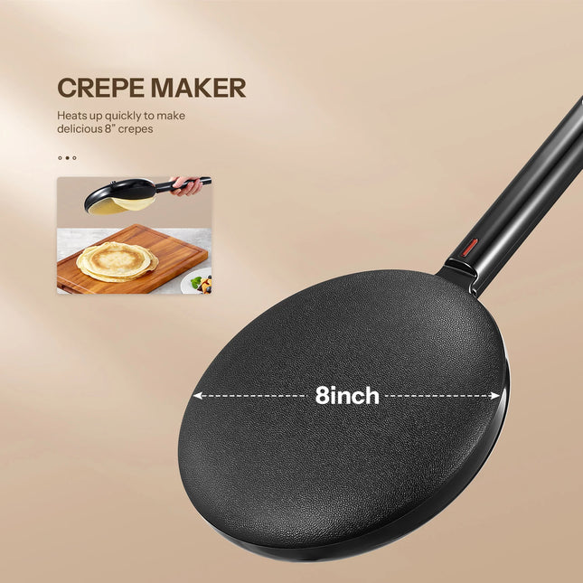 Electric Crepe Maker, 8 Inch Portable Crepe Maker Machine With Not-Stick Dipping Plate, Automatic Temperature Control