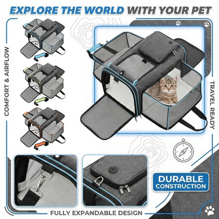 Expandable Airline Approved Pet Carrier - Dual-Side Expandable, Breathable Mesh, Luggage Strap, S/L