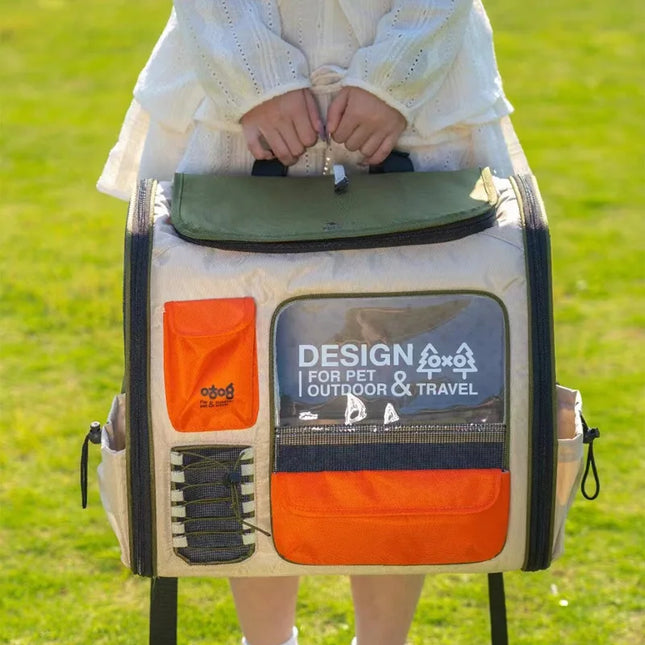 PU Dacron Cat Carrier Backpack - 43x25x35cm, Multiple Doors & Window, Ventilated, Green/White