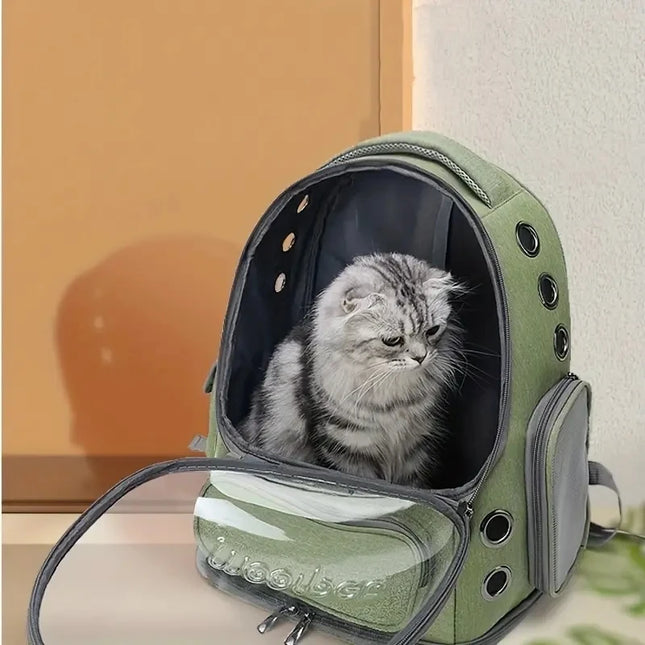 180° Transparent Bubble Pet Carrier Backpack - Breathable Oxford, Army Green/Brown/Gray