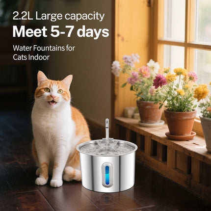 Stainless Steel Pet Water Fountain 2.2L - Automatic Dispenser with Filter System