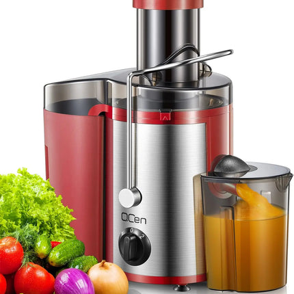 Qcen Juicer Machine, 500W Centrifugal Juicer Extractor with Wide Mouth 3” Feed Chute for Fruit Vegetable, Easy to Clean, Red