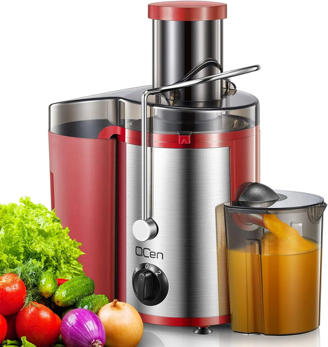 Qcen Juicer Machine, 500W Centrifugal Juicer Extractor with Wide Mouth 3” Feed Chute for Fruit Vegetable, Easy to Clean, Red