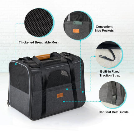 Hands-Free Cat Carrier Bag - 45x35x33cm, Car Seat Belt & Shoulder Strap, up to 15lbs