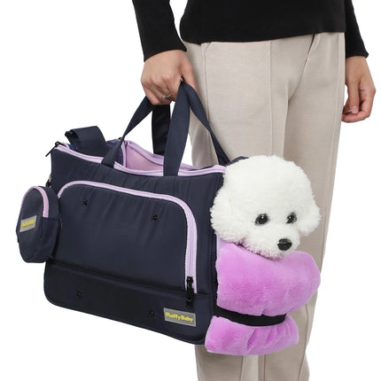 Airline Approved Pet Crossbody Carrier Bag - 3-Sided Mesh, up to 15lbs, Purple/Yellow