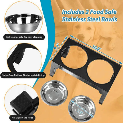 Elevated Dog Feeder with Double Stainless Steel Bowls - Adjustable Raised Stand, Black