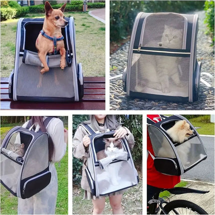 Foldable Breathable Pet Cat Carrier Bag - Outdoor Travel Backpack, 32x28x41cm, Grey/Pink/Black