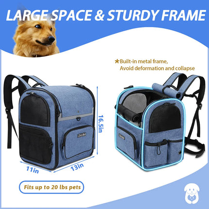 Petskd Sturdy Frame Pet Backpack - 3-Sided Mesh, Double Doors, 13x11x16.5in, up to 20lbs, Grey/Blue