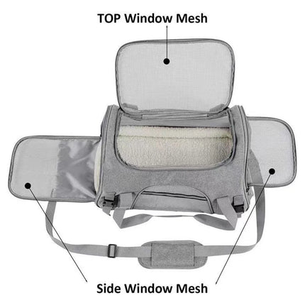 Oxford Soft-Sided Pet Carrier - 43x28x25cm, 3 Entrances, Plush Mat, up to 10kg, Black/Gray
