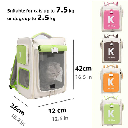 Large Space Foldable Cat Carrier Backpack - 32x42x26cm, Escape-Proof, up to 8kg, Pink/Orange/Brown/Green