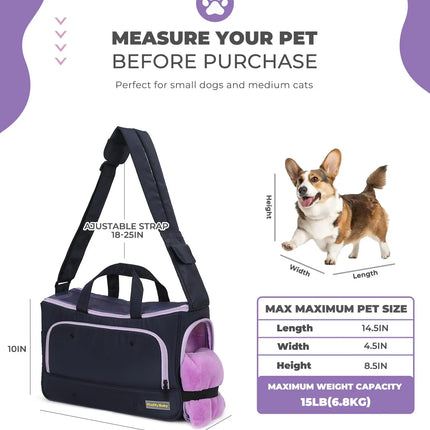 Airline Approved Pet Crossbody Carrier Bag - 3-Sided Mesh, up to 15lbs, Purple/Yellow