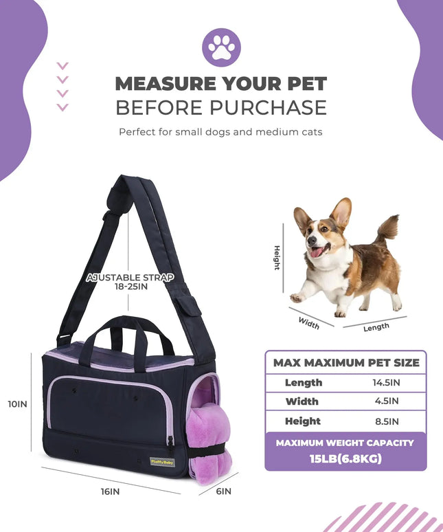 Airline Approved Pet Crossbody Carrier Bag - 3-Sided Mesh, up to 15lbs, Purple/Yellow