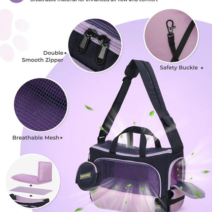 Airline Approved Pet Crossbody Carrier Bag - 3-Sided Mesh, up to 15lbs, Purple/Yellow