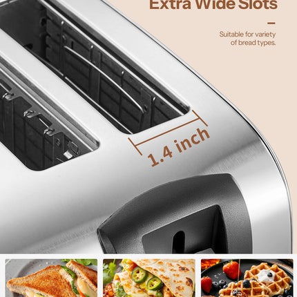 Yabano 4 Slice Toaster, Toaster with Extra Wide Slot and 7-Shade Settings, Defrost and Reheat Function