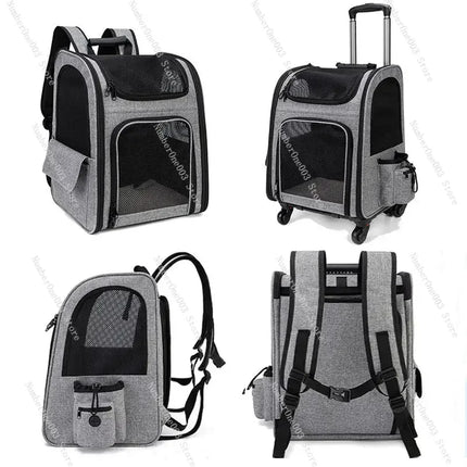 3-in-1 Foldable Wheeled Pet Carrier Trolley - Backpackable, Breathable, Large Capacity, Gray/Blue