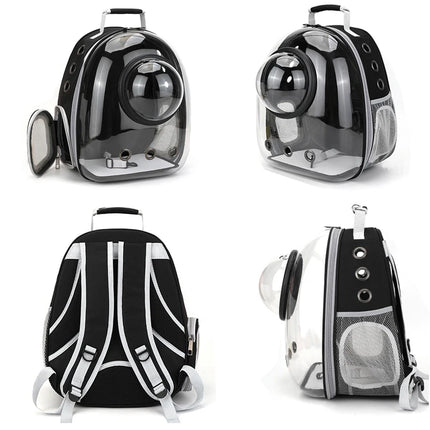Transparent Space Capsule Pet Backpack - 35x25x42cm, 9 Vents, Side Pocket, Black