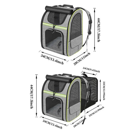Expandable Cat Carrier Backpack - 62x34x43cm, Shade Cover, Steel Wire Frame, Black/Dark Gray/Grayish Green