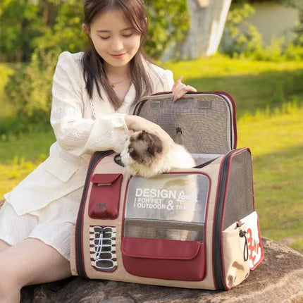PU Dacron Cat Carrier Backpack - 43x25x35cm, Multiple Doors & Window, Ventilated, Green/White