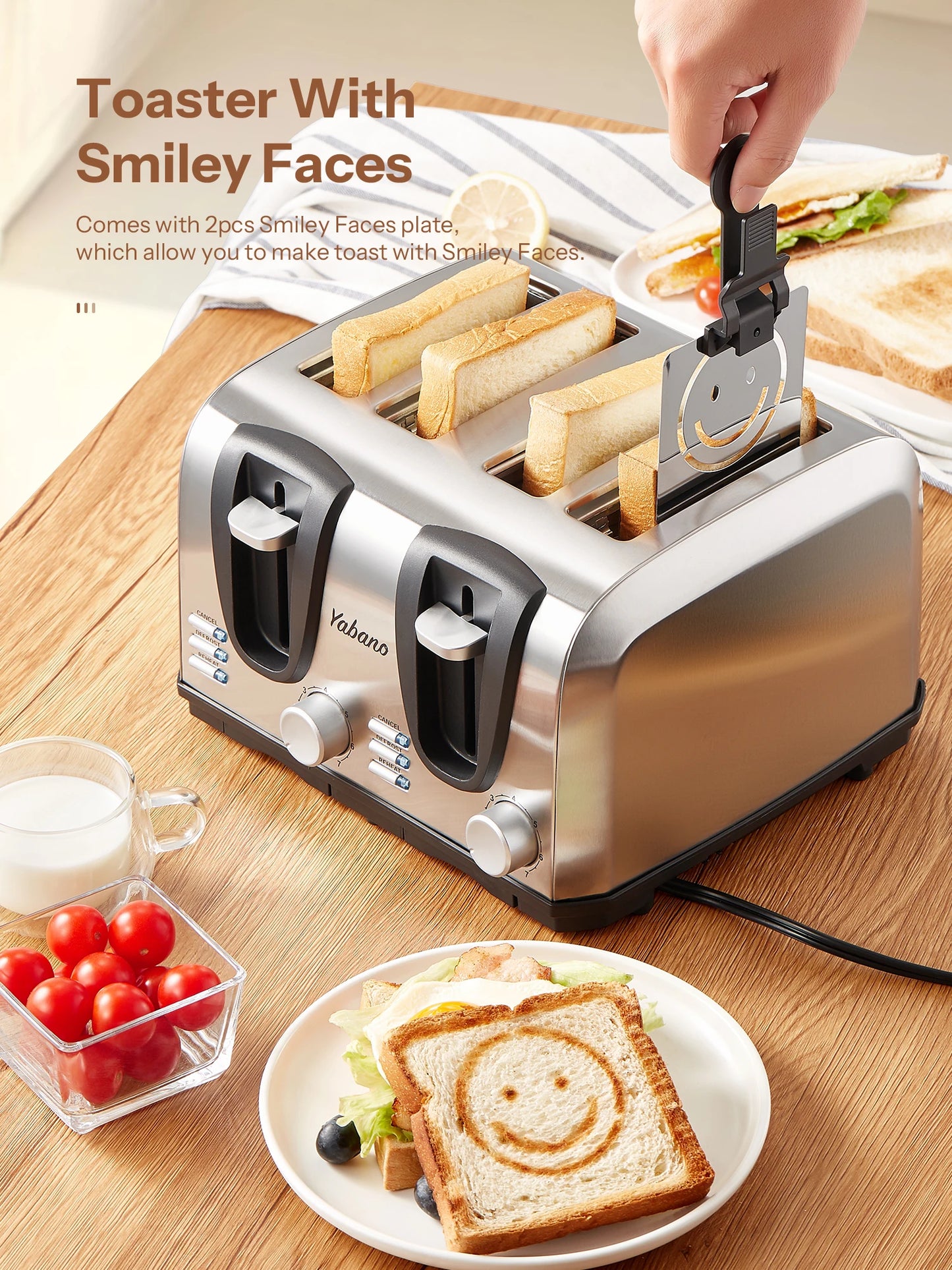 Yabano 4 Slice Toaster, Toaster with Extra Wide Slot and 7-Shade Settings, Defrost and Reheat Function