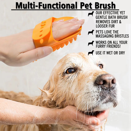 Dog Bath & Grooming Brush with Rubber Bristles - Adjustable Ring Handle for Dogs & Cats
