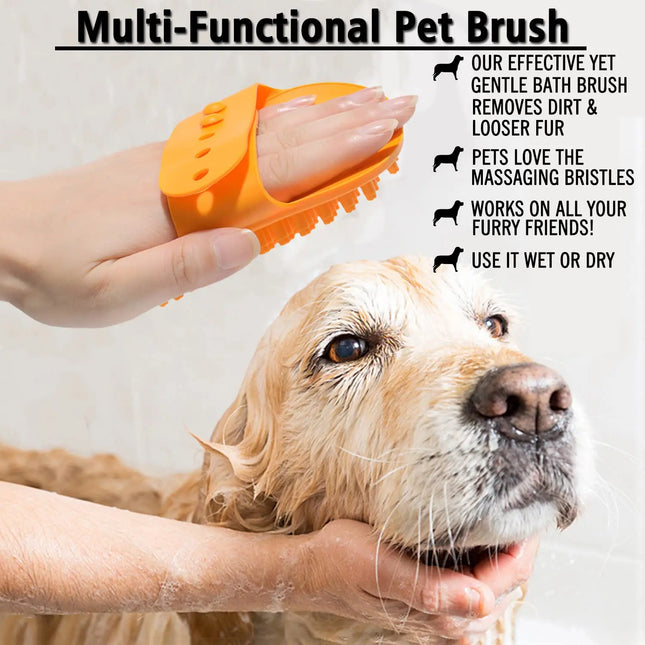 Dog Bath & Grooming Brush with Rubber Bristles - Adjustable Ring Handle for Dogs & Cats