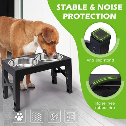 Elevated Dog Feeder with Double Stainless Steel Bowls - Adjustable Raised Stand, Black