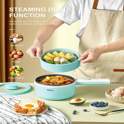 Yabano Electric Pot, 850W Non-Stick Electric Hot Pot with Steamer,1.6L Noodles Cooker with Dual Power Control, Portable Pot For