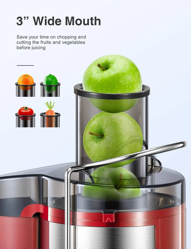 Qcen Juicer Machine, 500W Centrifugal Juicer Extractor with Wide Mouth 3” Feed Chute for Fruit Vegetable, Easy to Clean, Red