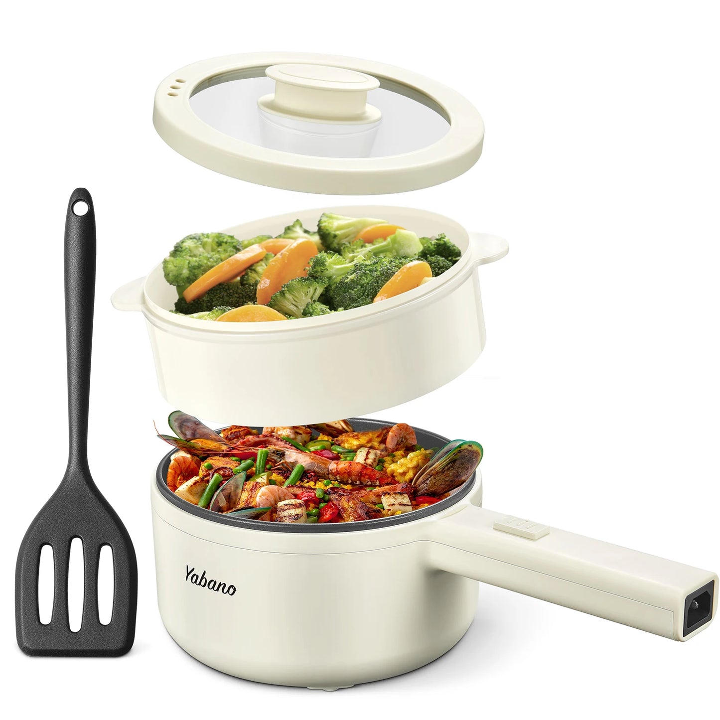Yabano Electric Pot, 850W Non-Stick Electric Hot Pot with Steamer,1.6L Noodles Cooker with Dual Power Control, Portable Pot For
