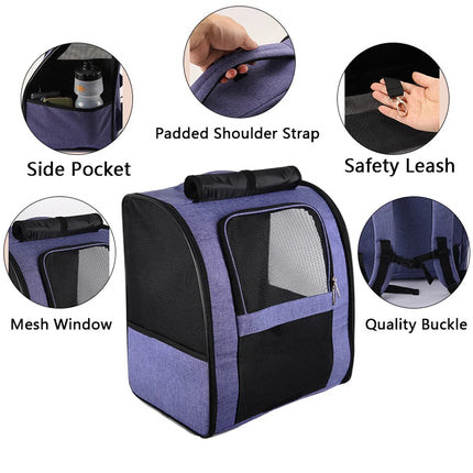 Foldable Oxford Cat Carrier Backpack - S(35x26x33cm) / L(40x26x43cm), Chest Strap, Gray/Purple